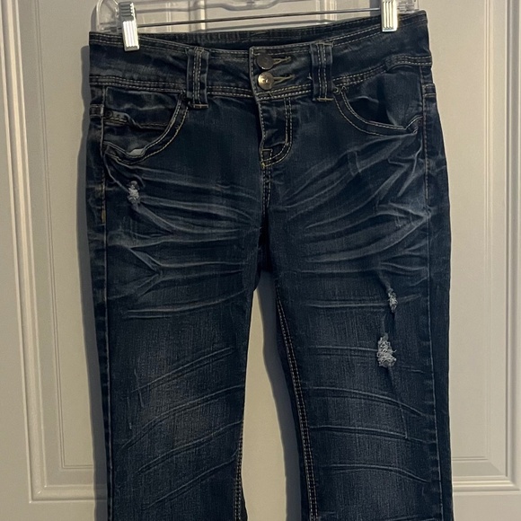 Twentyone Black Rue 21 Distressed Denim Jeans Womens 3/4 Slim Boot Double Button - Picture 1 of 9